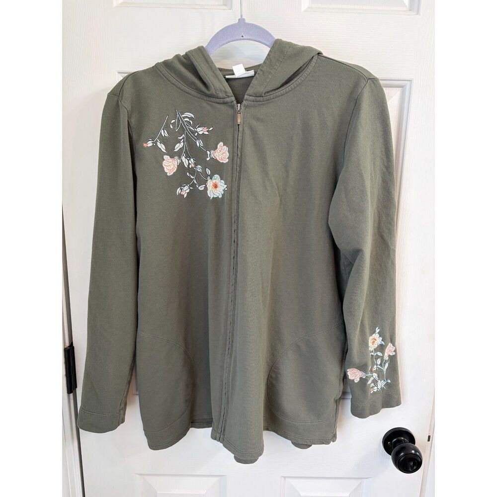 J. Jill Floral Embroidered Olive Green Hoodie Full Zip Sweater Size M Cotton